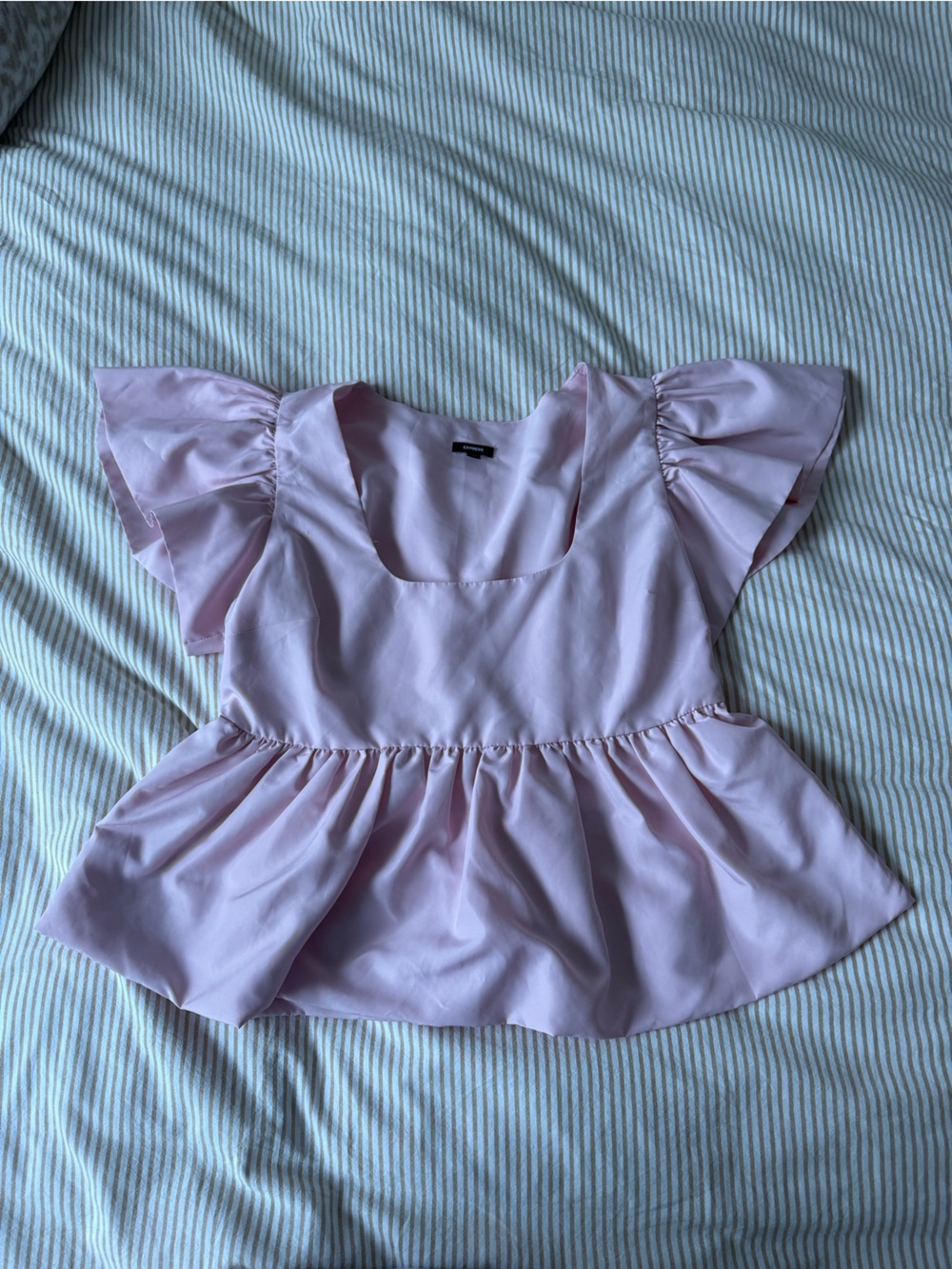 Express Pink Puff-Sleeve Satin Peplum Top
